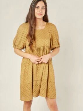 Rylee + Cru Gretta Mustard/Chamomile Eyelet Puff-Sleeve Mini Dress Medium